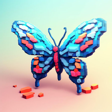 a pixel art polygon butterfly in 3d, designed for computer graphics. this artwork is inspired by the style of tiago hoisel, known for his stylized urban art with surrealist elements. created by anton fadeev, this 8k 3d piece features simple shapes and utilizes focus stacking techniques. ai generatedの素材