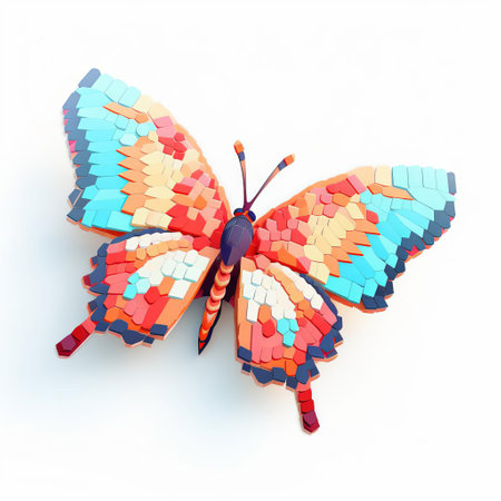 an orange and blue mosaic butterfly, created in the style of three-dimensional puzzles, showcases a cute and colorful design. the simple yet vibrant illustrations of this modular sculpture bring a highly realistic touch to the artwork. the butterfly features a combination of light white and light crimson hues, complemented by hints of light turquoise and pink. ai generatedの素材