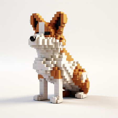 a small dog is depicted in a black and white lego brick, created using vray tracing techniques. the image showcases the dog in an orange and azure color scheme, with a multilayered texture. the overall look is crisp and clean, with sharp linework, and a combination of light maroon and white accents. ai generatedの素材