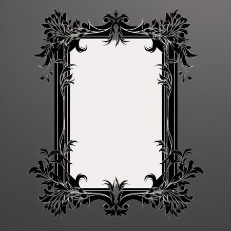 a decorative frame with floral ornaments isolated on a black background. this vector illustration is designed in the style of mirror rooms and features gothic elements. the organic nature-inspired forms in gray and black create a high-quality photo with a hazy romanticism. perfect for adding a touch of elegance to any design project. ai generatedの素材