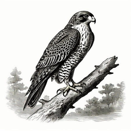 a falcon standing in an antique woodcut engraving. this dark academia vintage halloween outline clipart features a silhouette of the falcon in black and white. it is a scientific illustration with a simple, clean design and a white background. the engraving has a dark academia stylized look and is isolated in an isometric view. it is done in a vintage victorian style, resembling a monochromeの素材