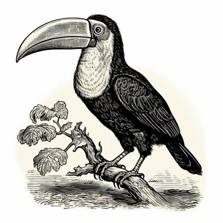 an antique woodcut engraving of a toucan standing is depicted in this dark academia vintage halloween outline clipart. the silhouette of the toucan is showcased in black and white, resembling a scientific illustration commonly found in entomology. the line art is simple and clean, set against a white background, giving it a dark academia stylized appearance. the toucan is isolated and presented in an isometricの素材