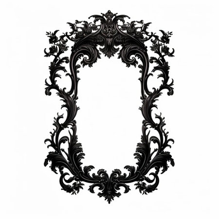 an ornate black and white frame featuring intricate leaf designs, reminiscent of 8k 3d technology and rococo portraitures. the frame is adorned with curved mirrors, giving it a touch of macabre elegance. this vintage-inspired piece is captured in a transparent/translucent medium, creating a captivating visual on flickr. ai generatedの素材