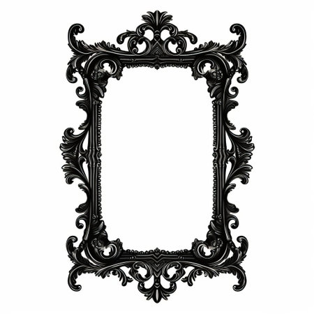 black ornate frame isolated vector, inspired by the artistic styles of brian mashburn and jeppe hein. this lively tableau captures the essence of a hall of mirrors, with its transparent and translucent medium. the frame stands out against a clean white background, blending modern and baroque elements seamlessly. ai generatedの素材