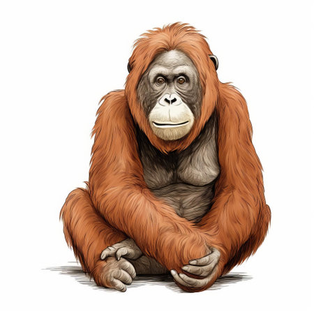 a big orangutan, portrayed in a detailed character illustration style, sits down for a portrait. this digital illustration by serge marshennikov showcases the orangutan against a white background, highlighting its white and orange fur. the artist skillfully employs foreshortening techniques to create an isolated figure that captivates the viewer. ai generatedの素材