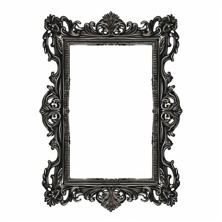 an ornate frame with intricate ornamentation, featuring a dark and eerie style. the frame is adorned with dark silver and light black accents, giving it a caricature-like appearance. this high-resolution image captures the details of the frame, which would be perfect for mirror rooms or as a unique addition to any space. the white background enhances the eccentricity of the frame, complemented by various eccentricの素材