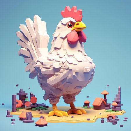 a 3d model of a character with a rooster-shaped head, designed in a pixelated landscape style. the model showcases multifaceted geometry and meticulous photorealistic still lifes. it also features hyper-realistic animal illustrations, with a white, cartoonish chaos aesthetic. the image has been cross-processed, adding a unique and artistic touch to the overall composition. ai generatedの素材