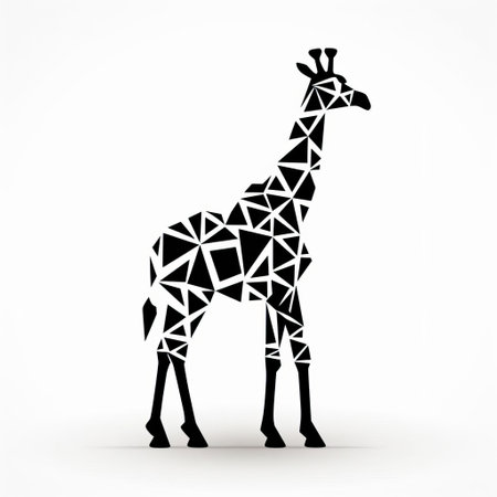 a white geometric tribal giraffe stands alone on a white background. the graphic black outlines give it a unique style, while the clever use of negative space adds depth. the giraffe is made of glass, resembling mosaics, and embodies a conceptual minimalism. the illustration is inspired by graphic design, featuring faceted shapes. ai generatedの素材