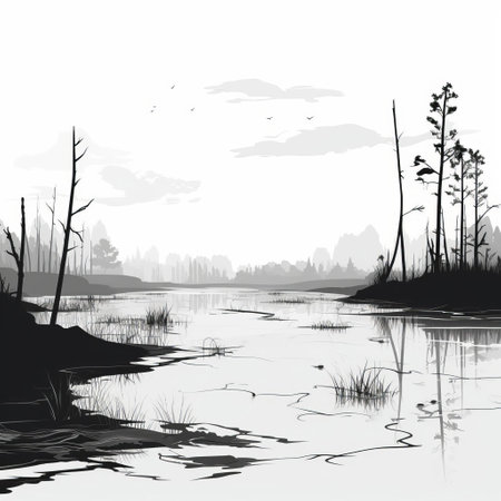 an illustration depicting a serene swamp landscape with grass, trees, and birds. the artwork is inspired by the monochrome style of isaac levitan, featuring shades of light gray and light black. the calm waters of the swamp are portrayed in dark brown and white, creating a sense of transparency and lightness. this romantic illustration captures the tranquil beauty of the swamp. ai generatedの素材