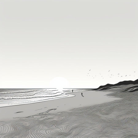 a black and white line work illustration of a beach at sunset, with the sun rising. this hyperrealistic composition features light brown and gray tones, created by a minimalist illustrator. the highly detailed figures and busy landscapes are brought to life through flowing lines. ai generatedの素材