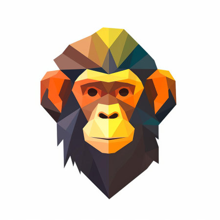 a low polygon design of a chimpanzee head, featuring simple and colorful illustrations in a unique character design. the artwork incorporates elements of chinese iconography and naturalistic shadows, making it suitable for 2d game art. the eye-catching composition and strong use of color make this illustration visually appealing. ai generatedの素材