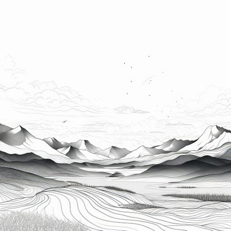 mountains with trees and clouds vector illustration featuring bold manga lines. the artwork showcases a birds-eye-view of mountains in light silver and black tones. inspired by the song dynasty, the illustration captures hyper-realistic water and rectangular fields. a romantic and captivating scene with a touch of tranquility. ai generatedの素材