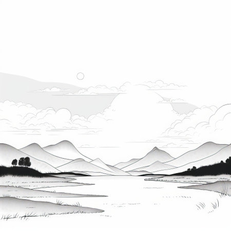 a black and white drawing of the outdoors, featuring a serene view to the right. this soft color fields style artwork showcases simplistic vector art with fine and detailed elements. the calm waters and smokey background add to the tranquil atmosphere. reminiscent of a storybook illustration, this nature-inspired imagery captivates with its timeless charm. ai generatedの素材