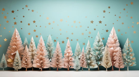 discover the enchanting christmas village trees decoration, featuring delicate fir branches on a muted turquoise background. this tasteful design boasts a soft, pastel color palette of light pink and light gold, creating a cozy and inviting atmosphere. perfect for minimalist backgrounds, the shaped canvas showcases the beauty of the holiday season with its simplistic elegance. ai generatedの素材