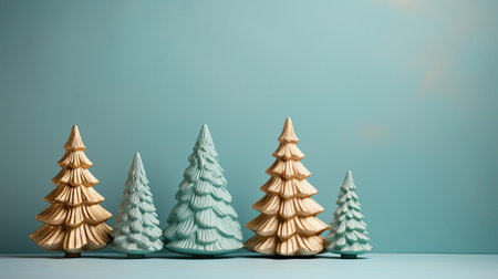 discover the charm of tabletop christmas trees, featuring elegant fir branches on a muted turquoise backdrop. this tasteful decoration boasts a soft color palette of light pink and light gold, perfect for minimalist backgrounds. ideal for shaped canvas and holiday decor, this understated piece is sure to impress. ai generatedの素材
