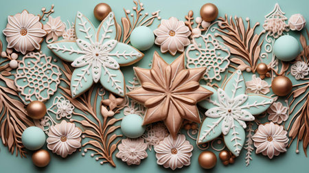 "gingerbread decorations: adorn your space with these delightful gingerbread decorations, featuring festive fir branches on a turquoise backdrop. this artwork boasts a soft, muted color palette, with light pink and light gold hues. its minimalist style and shaped canvas make it a chic addition to any room.", ai generatedの素材