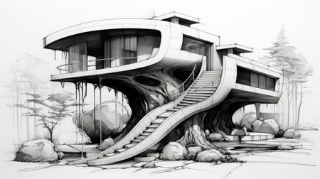 discover this luxurious tiny home, a perfect example of organic architecture, featuring a unique small tree and bridge next to it. this eco-friendly design promotes a harmonious relationship between nature and living space. with clean lines and a focus on sustainability, this tiny home offers a cozy, modern living experience. explore the beauty of simplicity and the great outdoors with this exceptional organic architecture design.の素材