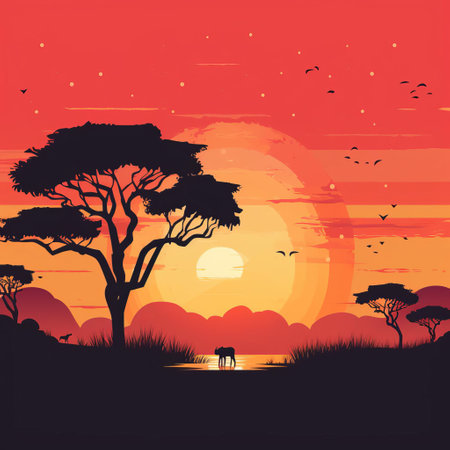"discover a serene savanna landscape illustration, featuring a striking silhouette of tall trees in the forefront. this line art design boasts a subtle, earthy color palette, perfect for adding a touch of nature to any space. ideal for home decor, websites, or print materials."

keywords: savanna landscape, line art design, subtle color palette, nature, home decor, websites, print materials, illustration, tall trees, serene, earthy colors. aiの素材
