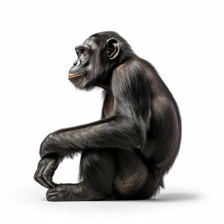 "highly-detailed side view photo of a bonobo, great ape species, isolated on a white background. perfect for educational and scientific purposes. discover the unique features of this endangered primate." (55 words), ai generatedの素材