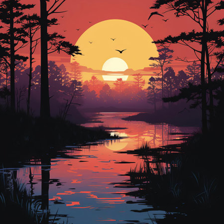 "discover a serene wetland scene in this line illustration, featuring a silhouette of towering trees at the forefront. the subtle color palette brings a tranquil ambiance, making it perfect for nature-inspired designs. ideal for backgrounds, wallpapers, or prints."

keywords: line illustration, wetland scene, silhouette, towering trees, subtle color palette, nature-inspired, backgrounds, wallpapers, prints. ai generatedの素材