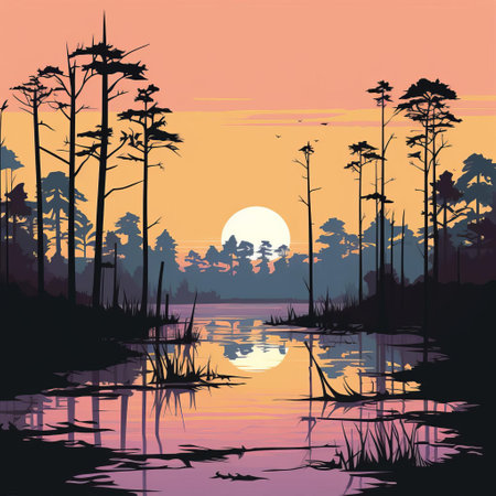 "experience the beauty of a wetland scene in this line illustration, featuring a striking silhouette of tall trees at the forefront. the subtle color palette adds to the tranquil atmosphere, making it perfect for nature lovers and interior design enthusiasts. ideal for calming spaces, this artwork showcases the perfect balance between detailed craftsmanship and serene simplicity."

keywords: line illustration, wetland scene, tall trees, subtle color palette,の素材