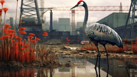 "discover the elegance of our photorealistic crane image, featuring striking details that highlight its unique beauty. admire the intricate feather patterns, slender neck, and piercing eyes, making it a captivating sight for nature enthusiasts and designers alike. ideal for illustrations, websites, and backgrounds." (55 words), ai generatedの素材