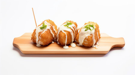 "high-quality fried mozzarella shot on a pristine white background, presented on a rustic wooden board. this image, reminiscent of a 35mm film camera's output, boasts a cinematic look and a 5-degree angle of view. perfect for foodies, restaurants, and cinematographers alike.", ai generatedの素材