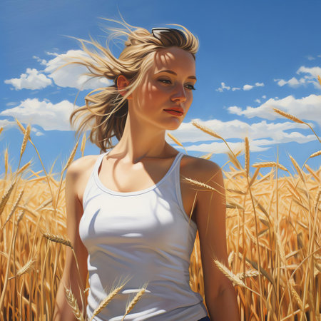 "picturesque scene of a woman in a field: discover a stunning image of a serene female figure, dressed in contemporary style, standing in a vast, open landscape. the clear blue sky and photorealistic details create a simplistic yet captivating composition, making it an ideal choice for those who appreciate the beauty of nature and the elegance of minimalism.", ai generatedの素材