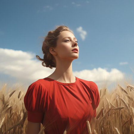 "experience the serene beauty of a woman in a field, surrounded by lush landscape and clear blue sky. this photorealistic image embodies simplicity and tranquility, making it perfect for those seeking natural elegance. ideal for websites, blogs, or any platform in need of high-quality, calming visuals."

keywords: woman, field, landscape, clear sky, photorealism, simplicity, natural elegance, high-quality, visuals, calming visuals, tranquility, blog, website. ai generatedの素材