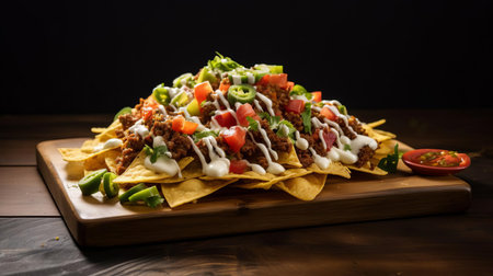 "gourmet loaded nachos on a pristine white background, presented on a rustic wooden board, exuding a cinematic allure reminiscent of 35 mm film. a 5-degree angle of view adds depth and intrigue to this tantalizing, shareable dish.", ai generatedの素材