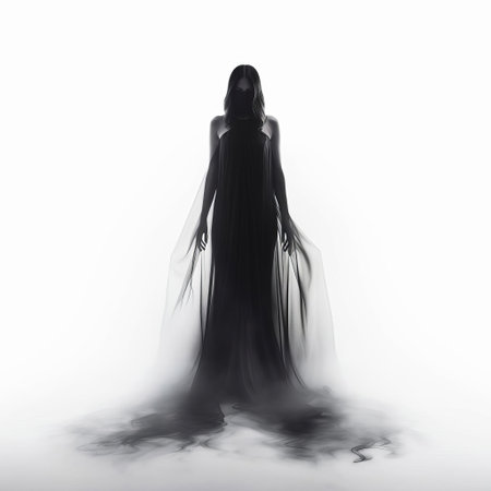 "vampiric mist: a full-body image of a chilling, minimalist vampire mist isolating on a pristine white background. an intriguing blend of horror and modern art.", ai generatedの素材