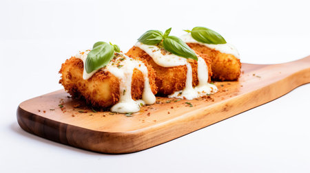 "experience the delight of melted mozzarella with this mouthwatering image of fried cheese on a pristine white background. captured with a 35 mm film camera, the photo has a cinematic look and 5-degree angle of view, showcasing the dish on a rustic wooden board. perfect for foodies, chefs, and restaurant enthusiasts."

keywords: fried mozzarella, white background, wooden board, 35 mm film camera, cinematic look, 5 degreeの素材