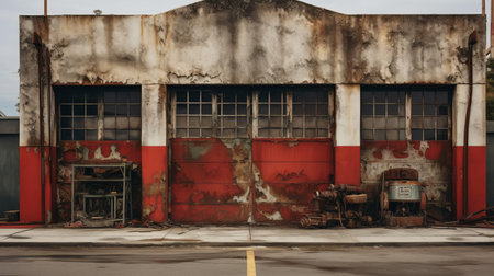 "this 44mp photo showcases an abandoned fire station's exterior, evoking a beautiful yet eerie environment. its ultra-high-definition, realistic style resembles a national geographic documentary. the superrealistic image highlights distressed materials, fitting for unsettling imagery. a testament to brooke didonato's unique perspective.", ai generatedの素材