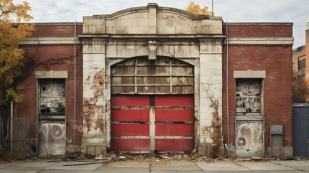 "this 44mp photo showcases an abandoned fire station's exterior, evoking a beautiful yet eerie environment. its ultra-high-definition, realistic style resembles a national geographic documentary. the superrealistic image highlights distressed materials, fitting for unsettling imagery. a testament to brooke didonato's unique perspective.", ai generatedの素材