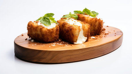 "experience the delight of melted mozzarella with this mouthwatering image of fried cheese on a pristine white background. captured with a 35 mm film camera, the photo has a cinematic look and 5-degree angle of view, showcasing the dish on a rustic wooden board. perfect for foodies, chefs, and restaurant enthusiasts."

keywords: fried mozzarella, white background, wooden board, 35 mm film camera, cinematic look, 5 degreeの素材