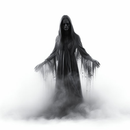 "vampiric mist: a full-body image of a chilling, minimalist vampire mist isolating on a pristine white background. an intriguing blend of horror and modern art.", ai generatedの素材