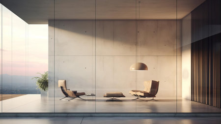 "frameless glass wall in mid-century modern style: experience the elegance of a minimalist frameless glass wall, perfect for a mid-century modern aesthetic. this sleek and chic design boasts clean lines and a subtle sophistication, allowing for minimal decoration to truly shine. embrace the trend of open-concept living with this striking architectural element.", ai generatedの素材
