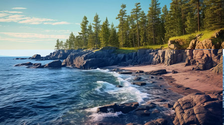 "rugged coastline meets turbulent sea in this striking seascape, featuring hestiasula head and an archipelago of pine-covered islands. a house surrounded by nature blends seamlessly into the landscape of northern finland. with light dancing on the waves, this high-dynamic-range image captures the raw power of the sea and the serene beauty of the land. expertly detailed, this photorealistic shot was taken with a canon eosの素材