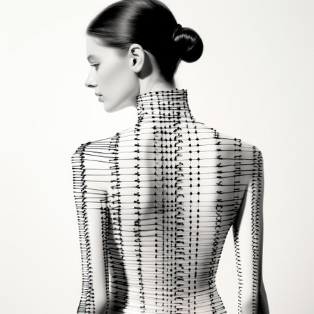 this image showcases a striking juxtaposition of traditional and modern elements, featuring a broderie anglaise design with sharp, vertical barcode-like lines. created using black and white ink on paper, the intricate embroidery pattern is beautifully contrasted with the stark straight lines, resulting in a visually striking and unique composition. ai generatedの素材