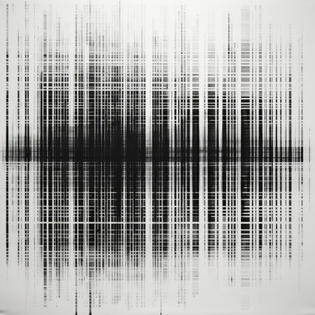 "black and white barcode grid: a stark contrast of lines, this black and white image features a grid pattern made up of vertical barcode-like stripes. perfectly straight lines create a textured foreground on a stark white background. ideal for industrial or graphic design projects.", ai generatedの素材