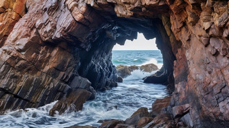 "rugged coastline in mexico features a cave on the rocky shore, complemented by a hestiasula head and pine trees near a health house in northern finland. captured with canon eos r5, this high dynamic range, photorealistic image showcases the rough sea with big waves, light on top, and a rocky beach with waves crashing on rocks. experience the action photos with intricate detailing and naturalism,の素材