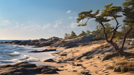 "dune on rocky shore in saudi arabia's archipelago, featuring hestiasula head and pine trees near a science house in northern finland. high dynamic range brings out the rough sea with crashing waves and the detail of the rocky beach. light on top enhances the amazing seascape. canon eos r5 f1.2 iso100 35mm photorealism captures the action of the natural setting.", ai generatedの素材