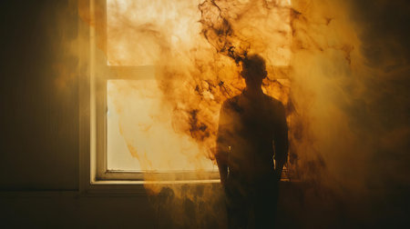 this photograph features a striking silhouette of a figure, named michael, positioned in an interior setting. the color grading is reminiscent of dark and light amber tones, evoking a sense of warmth and nostalgia. the style of the photograph is influenced by abstract expressionist emotion, drawing inspiration from artists like laura makabresku and medardo rosso. the close-up perspective adds intensity to the image, capturing theの素材
