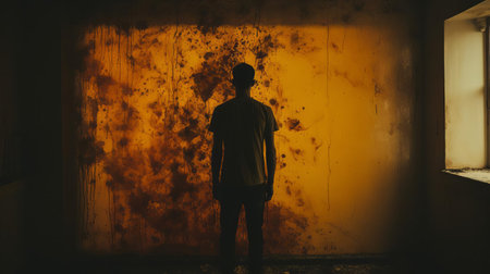 "anthony's silhouette stands in a room, bathed in a stylized mix of dark and light amber hues, reminiscent of laura makabresku's abstract expressionist emotion. this close-up view evokes the intensity of medardo rosso's work, with a nod to jessica drossin's portraiture. captured with a rollei prego 90, this image showcases the interplay of light and shadow in a truly unique way.", ai generatedの素材