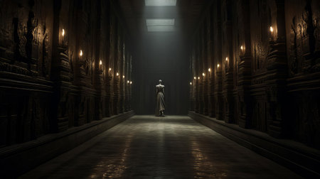 "thailand's ominous atmosphere: a figure lurking in the hall - experience the spooky side of thailand as you explore this eerie location. a mysterious figure, with a last form, lurks around the corner at the end of the hall. get ready for an unforgettable adventure.", ai generatedの素材
