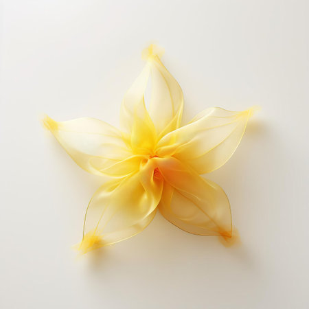"little star - a yellow, five-pointed star made of organza, spread out and flat, creates a striking image against a clean background. perfect for decoration and celebrations.", ai generatedの素材