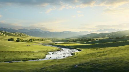 "experience the serene digital rhythm in this landscape photo, where undulating hills mimic a steady pulse in varied heights. the open grassland, bathed in soft evening light, resonates with the tranquility of a steady heart. captured with a sony alpha a6400, this image embodies the soothing rhythm of nature.", ai generatedの素材