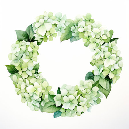 discover a stunning op art watercolor line art image, featuring a minimalist, soft green hydrangea wreath on a white backdrop. this captivating artwork showcases the perfect blend of modern design and natural beauty. ideal for art and nature lovers, this piece is sure to make a statement. explore the beauty of op art and hydrangea wreaths today. ai generatedの素材
