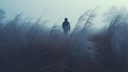 "experience a lo-fi dune landscape: mysterious figure, daniel, walks through autumn grass on a chilly morning. distant dune ahead, silhouettes of tall trees in the distance. thick fog envelops the scene, setting a cold, blue tone. perfect for nostalgia and autumn-themed collections." (55 words), ai generatedの素材