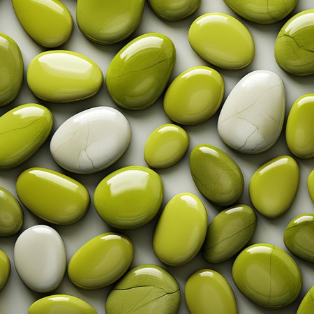 discover a stunning photorealistic image of rounded marble pebble stones in a lime hue, presented in a top view and flat lay arrangement. ideal for designers, architects, and nature enthusiasts. perfect for adding a touch of natural elegance to digital and print projects. ai generatedの素材